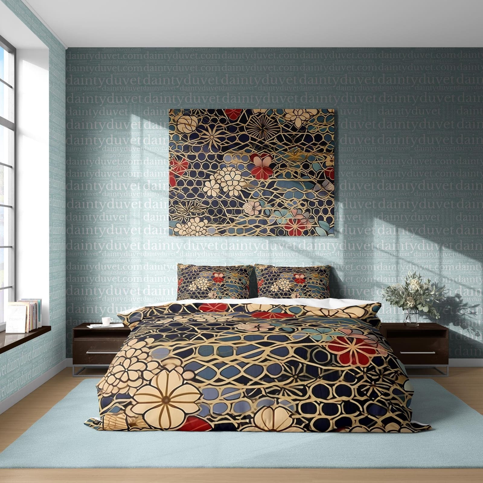 Golden Flower Duvet Cover Japanese Pattern Quilt Cover, Cherry Blossom Bedding Set Adults Bedroom Bedspread, Retro Blanket…