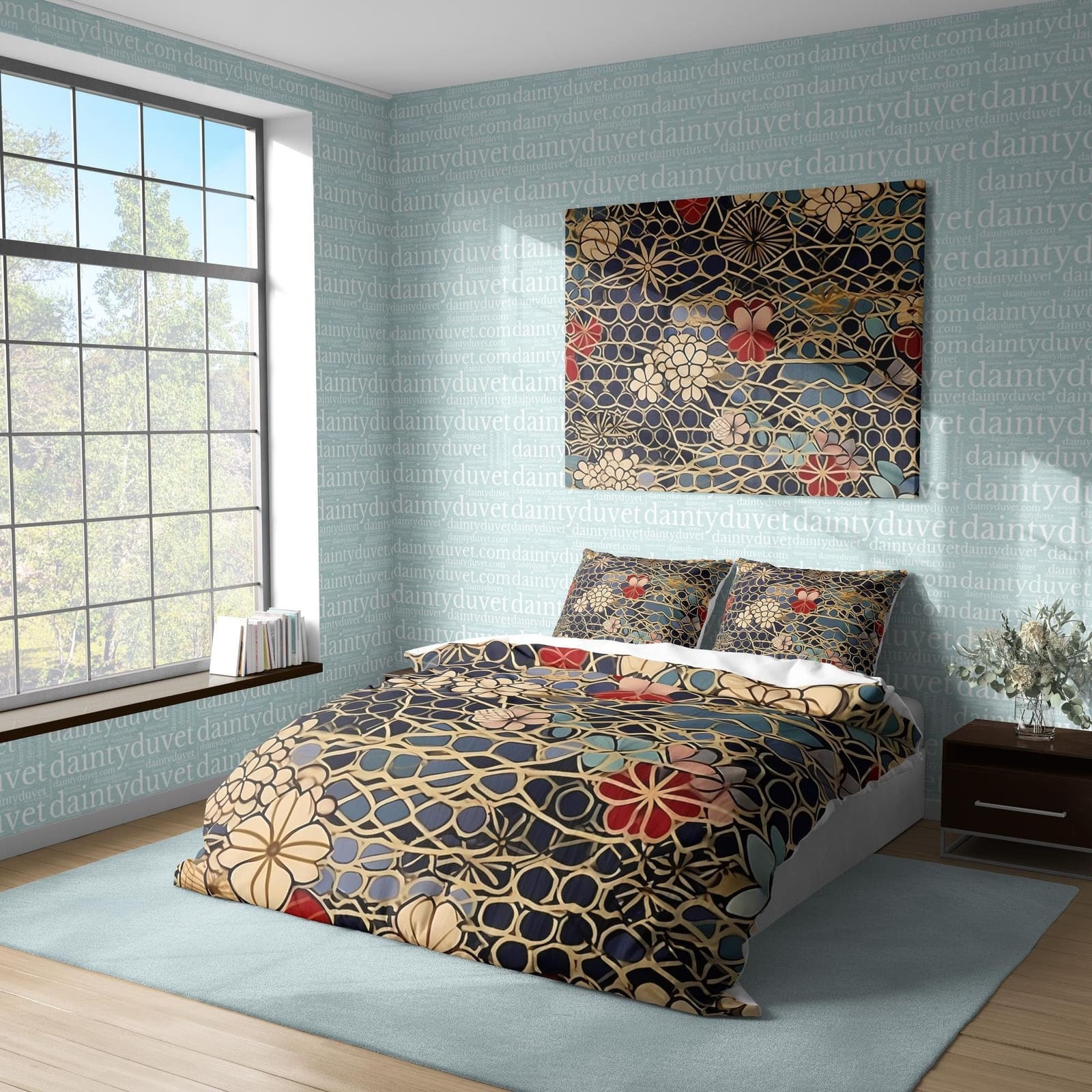 Golden Flower Duvet Cover Japanese Pattern Quilt Cover, Cherry Blossom Bedding Set Adults Bedroom Bedspread, Retro Blanket…